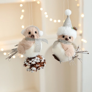 Gray plush bird Christmas ornaments with Santa hat and pine cones for festive decor