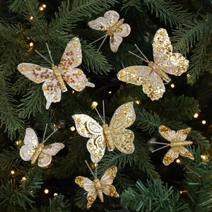 Farfalle dorate glitterate per albero di Natale con clip per decorazioni festive