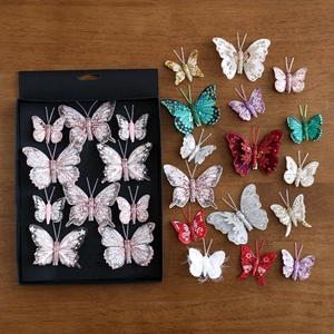 Set di 24 farfalle glitterate colorate con clip per decorazione dell'albero di Natale