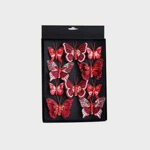 Set di 10 farfalle glitterate rosse e bianche per decorazione dell'albero di Natale