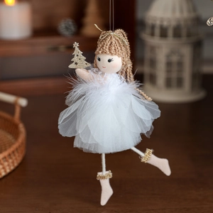 Handmade plush angel girl ornament with white feather skirt and gold Christmas tree