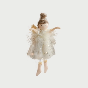 Christmas plush angel girl doll with gold sequin mesh skirt and feather wings decoration