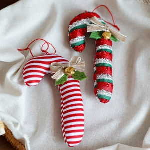 Christmas candy cane fabric ornaments with bells and linen bows for Xmas tree decor
