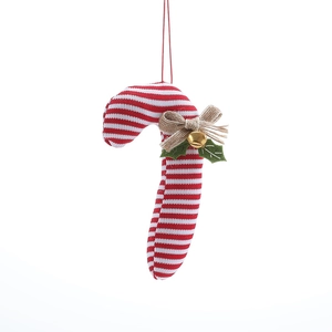 Red and white fabric candy cane Christmas tree ornament with bow and golden bell decoration