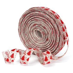 Linen Christmas ribbon with red trees and Merry Christmas text for gift wrapping