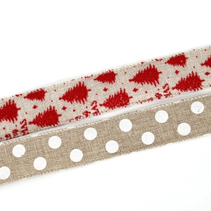 Faux linen Christmas ribbons with red trees and white polka dots on a neutral background