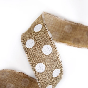 Brown faux linen Christmas ribbon with white polka dots and stitched edges for DIY gift wrapping