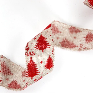 Close-up of faux linen Christmas ribbon with red tree prints and woven texture details