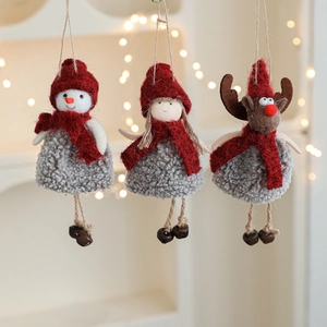 Three-piece plush Christmas ornaments with snowman, deer and girl figures with bells