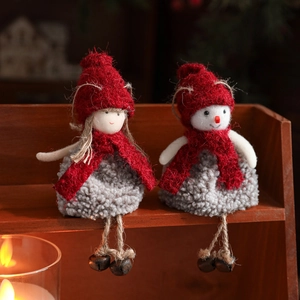 Plush Christmas dolls set with red scarf and bells for festive holiday decoration