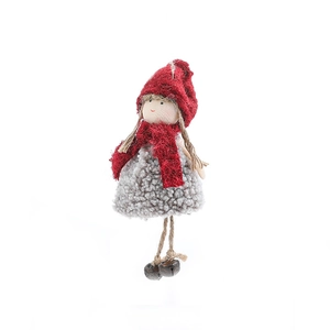 Christmas plush doll pendant with red scarf, wood head and bells on white background