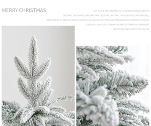 Close-up of high-quality flocked artificial Christmas tree with realistic snow-covered branches