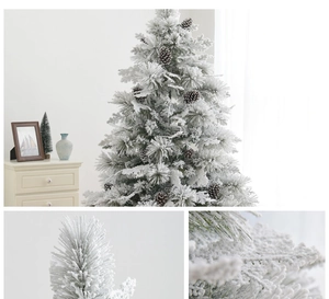 Detailed macro view of dense flocked white snow texture and pine cones on Christmas tree