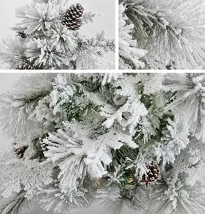 Detalle macro de la textura de nieve flocada blanca en ramas navideñas con piñas naturales