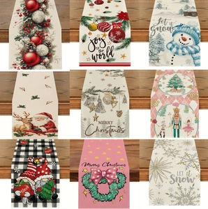 Christmas Table Runner Linen Polyester Blend Festive Snowman Santa Reindeer Printed For Home Dining Party Decor