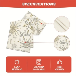 Infographic showing Let It Snow linen table runner with fade resistant and washable details