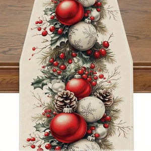 Linen Christmas table runner with festive snowman, pine cones and berries on wooden table