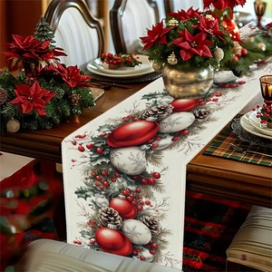 Linen Christmas table runner with festive snowman, pine cones and red berries decor