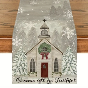 Detailed linen table runner featuring a white church with snowy pine trees and lyrics