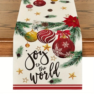 Linen Christmas table runner with Joy to the World print and festive pinecone design