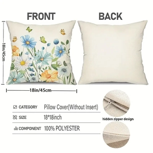 Daisy flower and butterfly print linen pillow cover 18x18 inch with hidden zipper