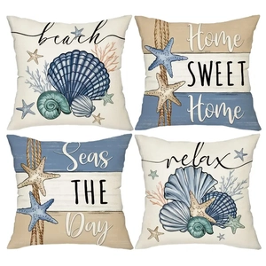 Coastal Ocean Theme Cushion Covers Linen Blend Shell Starfish Marine Life Print Square Home Sofa Decoration