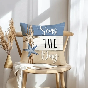 Seas THE Day nautical pillow cover with starfish prints on a textured fabric