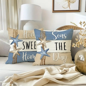Coastal nautical throw pillow covers with starfish print and Home Sweet Home text
