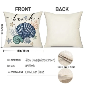 Linen blend ocean beach pillow case with seashell prints and invisible zipper 18x18 inch