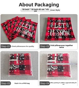 Detail showing 18x18 inch linen pillow cover with buffalo plaid and Let it Snow design