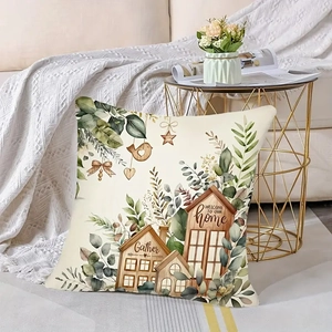 Rustic grey farm house pillow case with green plants and Welcome To Our Home print