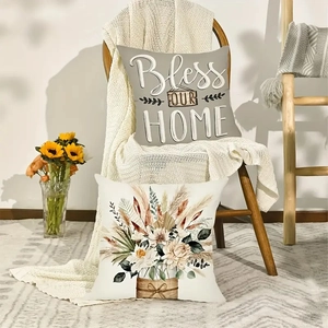 Grey rustic throw pillow set with Bless OUR HOME text and floral prints on linen fabric