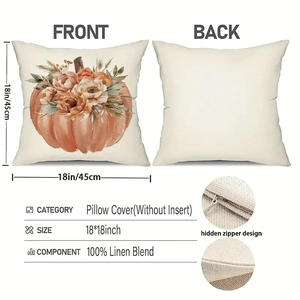 Linen Thanksgiving pumpkin pillow cover 18x18 inch with invisible zipper and floral art