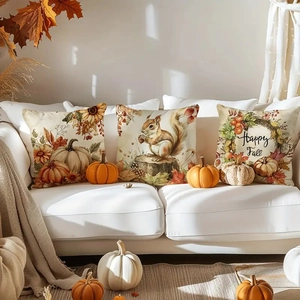 Set of three autumn harvest pumpkin linen pillow covers with sunflower and squirrel motifs