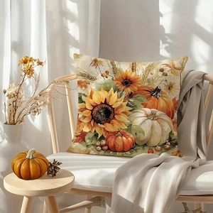 Detail of harvest pumpkin pillowcase with sunflower print on a rustic wicker chair