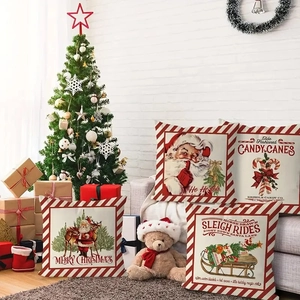 Set di 4 federe natalizie vintage in lino con bordo a righe e disegni di Babbo Natale