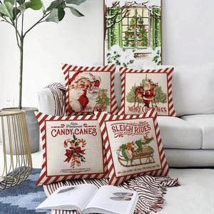Set di quattro federe per cuscini in lino rustico con motivi natalizi e Babbo Natale