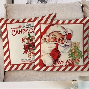 Federa per cuscino natalizia vintage in lino con Babbo Natale e bastoncino di zucchero
