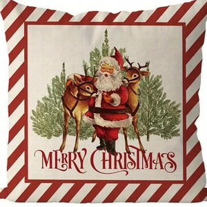 Dettaglio della federa vintage in lino con Babbo Natale, renne e testo di Natale