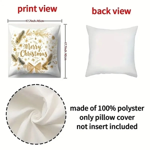 Detail of Christmas pillowcase showing 100% polyester fabric and festive golden prints