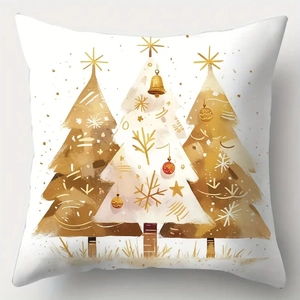 Christmas peach skin pillowcase featuring golden reindeer and Xmas tree prints