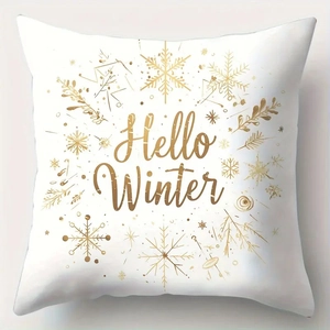 Detail of Hello Winter text with gold snowflake patterns on white peach skin pillowcase