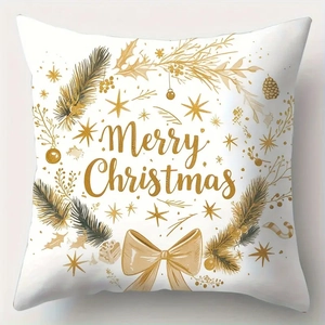 Macro detail of Christmas peach skin pillow cover with golden elk and tree prints