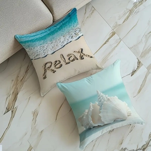 Detail of coastal ocean throw pillow covers featuring Relax text and beach shells