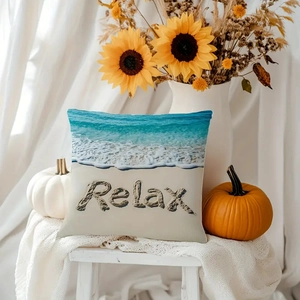 Detailed view of the Relax beach wave print on a soft square pillowcase texture