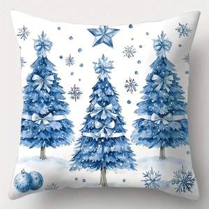 Detail of a square Christmas pillowcase with blue watercolor hand-painted festive trees