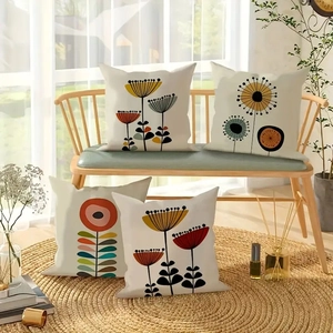 Set of 4 geometric floral linen throw pillow covers for modern living room home decor
