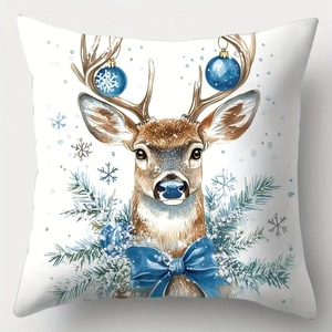 Detail of Christmas reindeer watercolor print on soft white plush square pillowcase