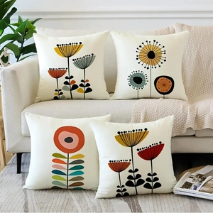 Set of 4 linen pillow covers with geometric floral patterns for living room decor