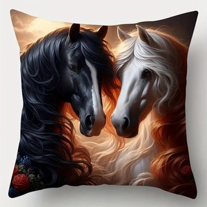 Modern horse print peach skin pillowcase set featuring two horses and sunset art